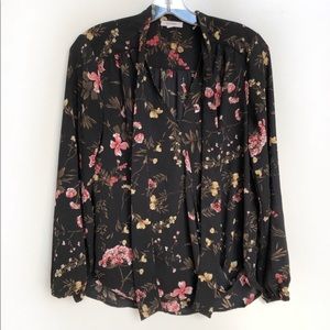 Pleione Black Floral Print Tie Neck Blouse Size S
